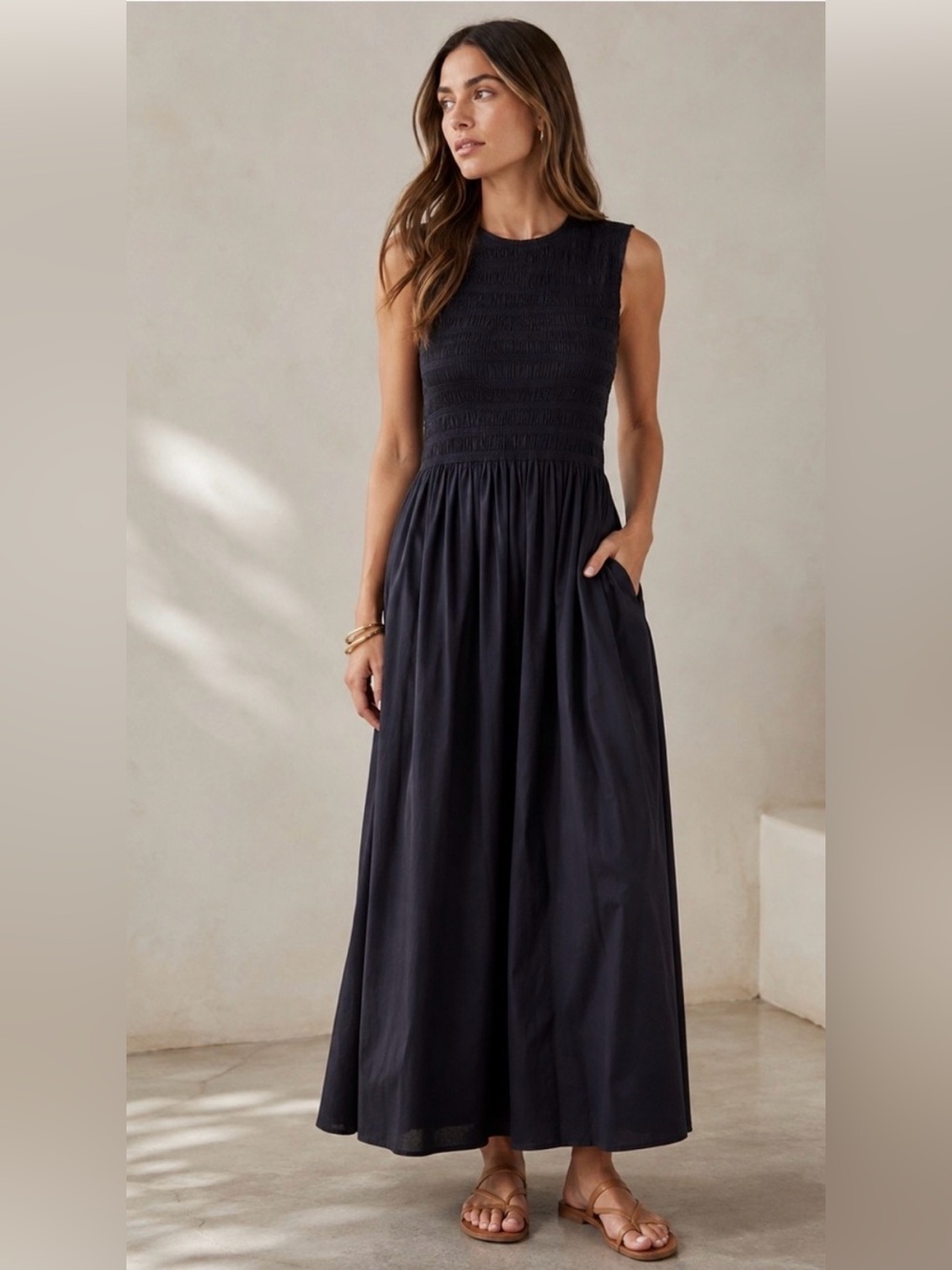 NWT rag & bone Navy Lane Sleeveless Smocked Cotton Maxi Dress